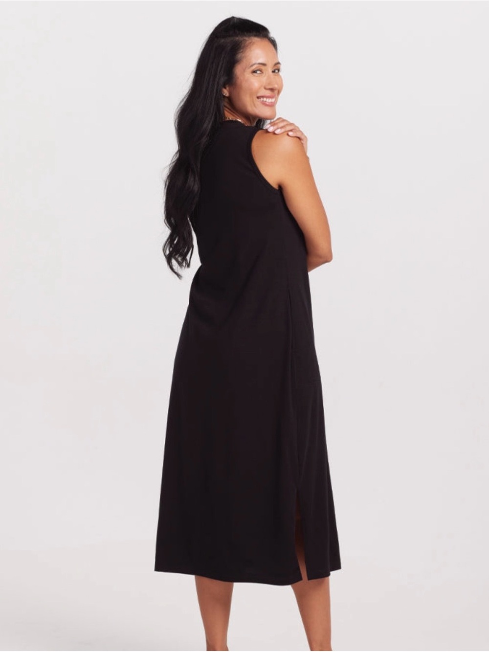 Woolx Sleek Black Sleeveless Midi Dress with pockets size L Cassie - Picture 6 of 6